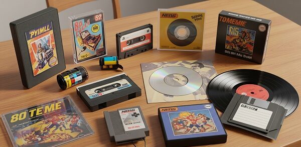 Coleção de objetos retrô sobre uma mesa, incluindo fitas cassete, disquetes, cartuchos de videogame, rolos fotográficos, discos de vinil e CD.