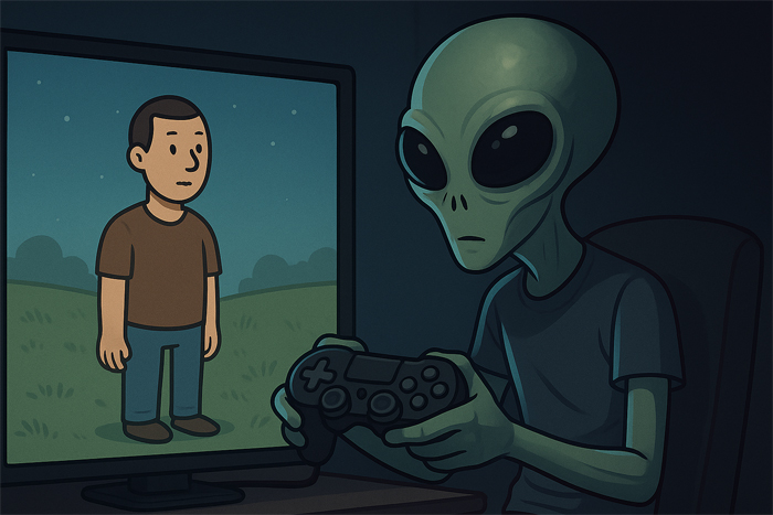 Ilustração humorística de um extraterrestre jogando com um controle de videogame, enquanto na tela aparece um humano como personagem virtual.