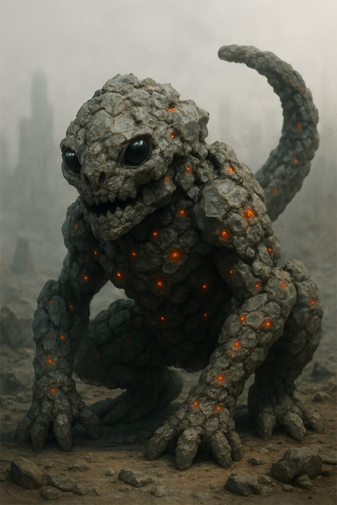 Ilustração fantástica de uma criatura rochosa de aparência reptiliana, coberta por placas de pedra e com pontos luminosos alaranjados brilhando em seu corpo.