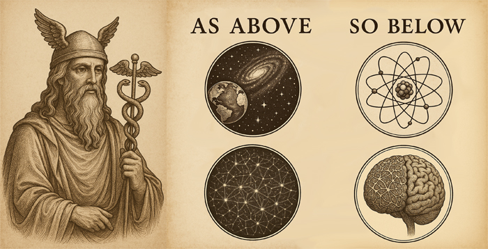 "Ilustração esotérica com a figura de Hermes Trismegisto segurando o caduceu, acompanhada da frase 'As Above, So Below' e símbolos que conectam o cosmos, os átomos, as redes cósmicas e o cérebro humano.