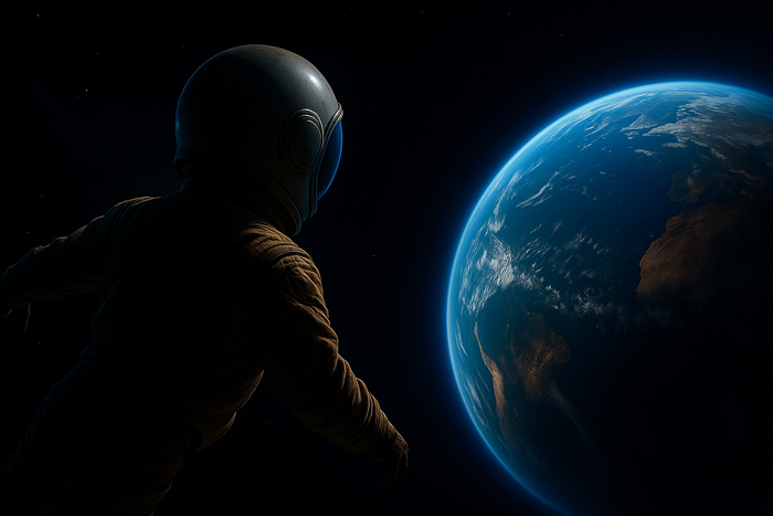 Ilustração de um astronauta no espaço observando a Terra iluminada pela luz do Sol contra o fundo escuro do cosmos