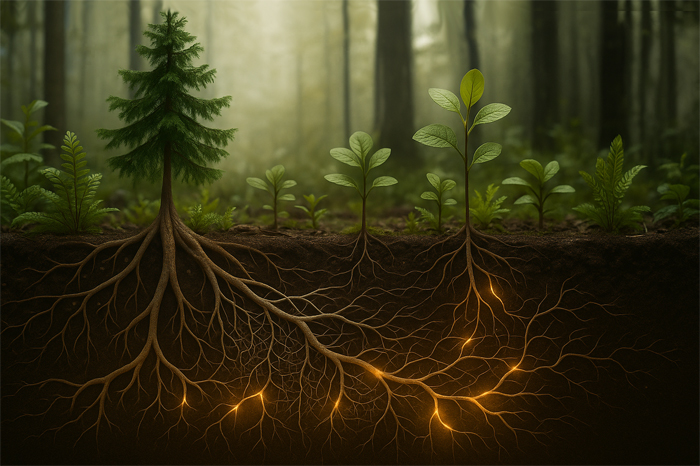 Ilustração de uma floresta com árvores e plantas conectadas no subsolo por uma rede de raízes iluminadas, simbolizando a comunicação e cooperação da natureza.