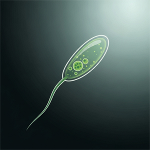 Imagem microscópica da Euglena, organismo unicelular que se move em direção à luz como exemplo de comportamento instintivo.