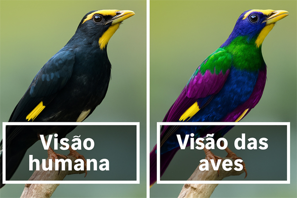 Comparação da visão: à esquerda, como os humanos veem um pássaro com penas pretas e amarelas; à direita, como as aves o enxergam, revelando cores adicionais como verde, azul e roxo graças à visão ultravioleta.