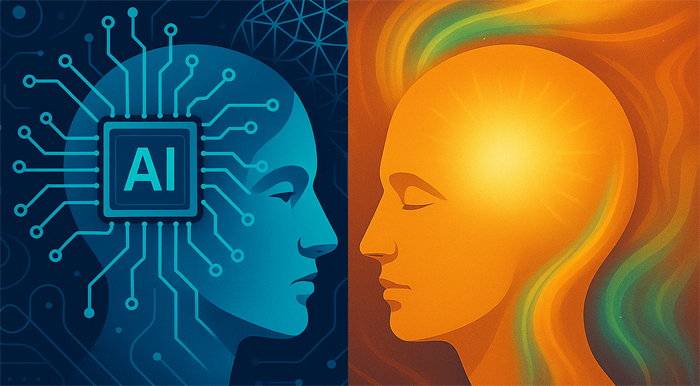 Ilustração de rede neural/circuitos representando IA que reconhece padrões, aprende com dados e toma decisões — levantando a questão da consciência emergente.