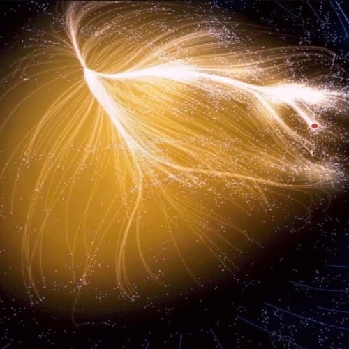 Mapa cósmico do superaglomerado de galáxias Laniakea, mostrando filamentos luminosos que conectam milhares de galáxias em uma vasta estrutura do universo