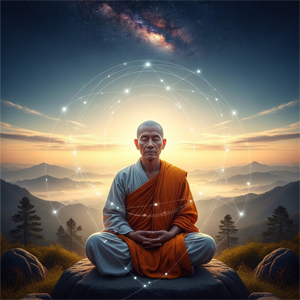 Silhueta em meditação sob céu estrelado, sugerindo a dissolução do eu em um sentimento de unidade com o universo.