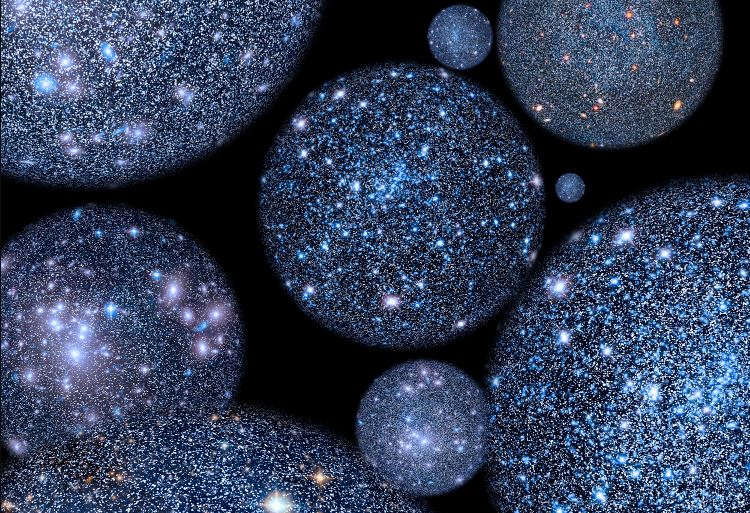 Ilustração artística do conceito de multiverso, mostrando múltiplas esferas cósmicas brilhantes repletas de estrelas em um fundo escuro.
