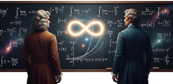 Ilustração de dois cientistas diante de um quadro-negro repleto de fórmulas matemáticas sobre o infinito, com um símbolo luminoso de infinito brilhando no centro do quadro.