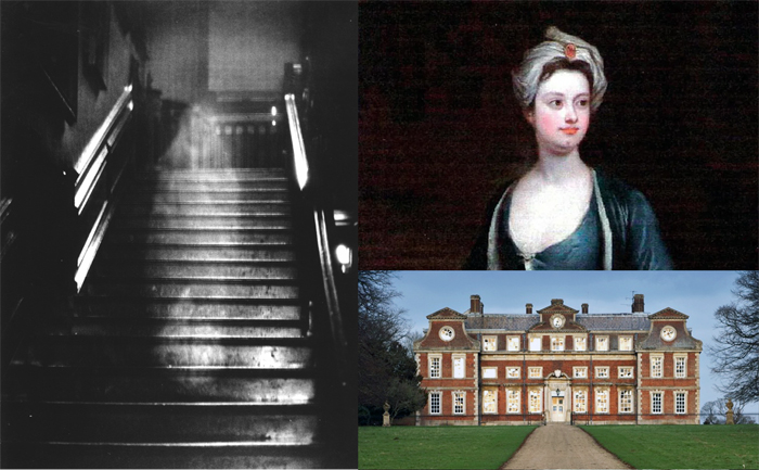 Fotografia de 1936 na escadaria de Raynham Hall mostrando uma figura translúcida descendo os degraus, frequentemente citada em debates sobre vida após a morte