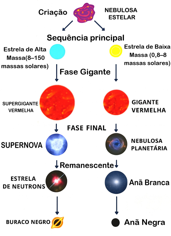 Diagrama do ciclo de vida das estrelas, mostrando desde a nebulosa estelar até a sequência principal, a fase gigante e os possíveis finais como supernova, estrela de nêutrons, buraco negro, nebulosa planetária, anã branca e anã negra.