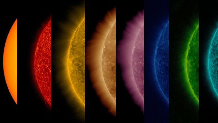 Composição do Sol visto em diferentes comprimentos de onda, mostrando sua superfície e atmosfera em cores que revelam diferentes camadas e temperaturas.