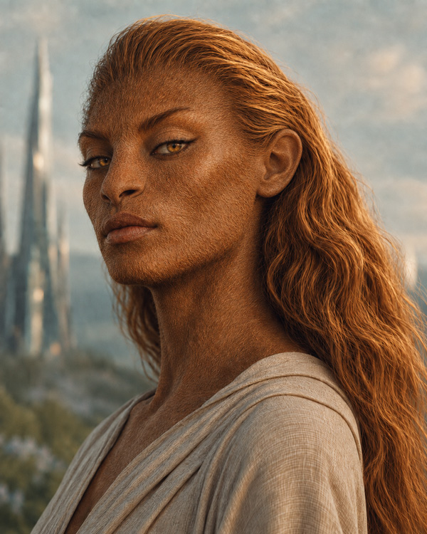 Representação artística de uma mulher Laan, humanoide de traços felinos associado à constelação de Lyra.