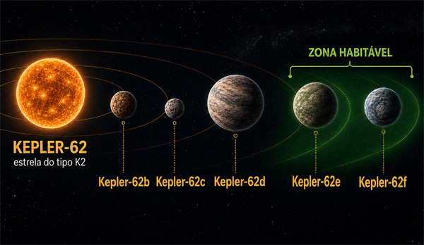 Ilustração do sistema estelar Kepler-62, identificado na narrativa como o sistema Man.